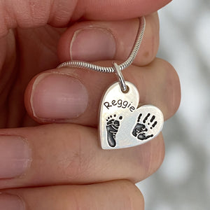 handprint necklace, footprint necklace, baby handprint, child handprint, hand print necklace, personalised bracelet, silver handprint jewellery, from the heart jewellery, baby footprint, footprint necklace, child footprint